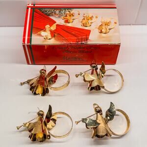 Set of 4-Vintage Brass Plated Angel w Trumpet Napkin Rings by Matters-Christmas